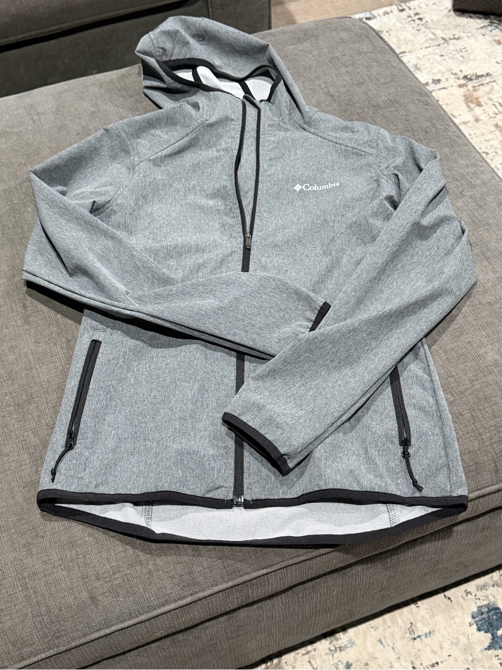 Columbia Light Gray Hooded Softshell with Black Accent